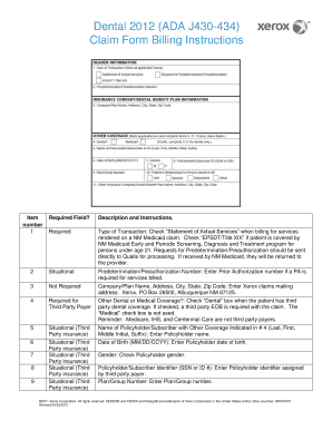 Fillable Online Dental 2012 ADA J430-434 Claim Form Billing ...