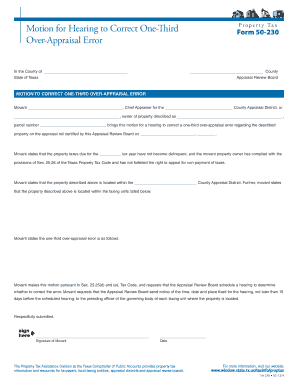Texas Motion for Hearing to Correct One-Third Property Tax Over-Appraisal Error