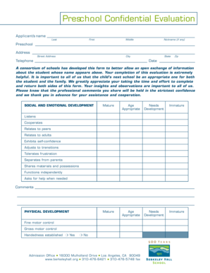 Preschool Confidential Evaluation Form