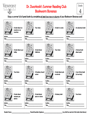 Bookworm Bonanza Summer Reading Club Form