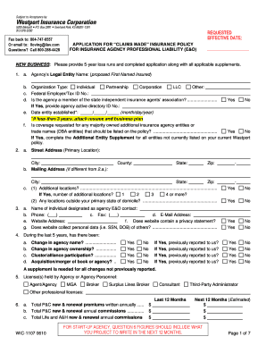 Application for Claims Made Insurance Policy
