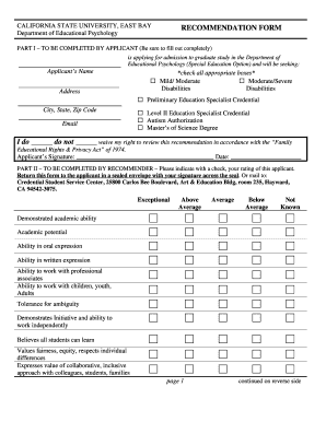 California State University Recommendation Form