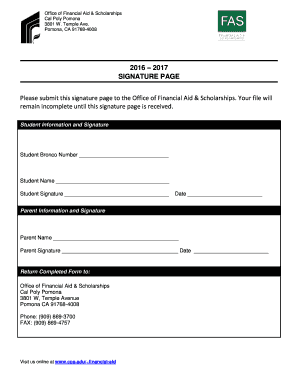 Cal Poly Pomona Financial Aid Signature Page