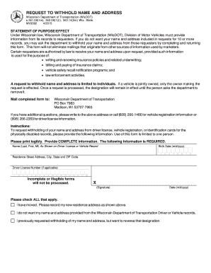 Wisconsin Request to Withhold Name and Address