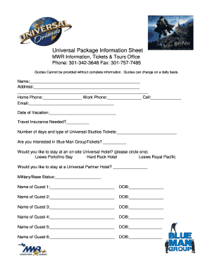 Universal Studios Vacation Information Sheet