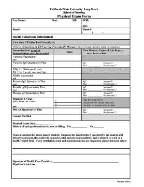 California State University Nursing Physical Exam Form