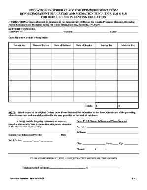 Tennessee Divorcing Parent Education Provider Claim Form