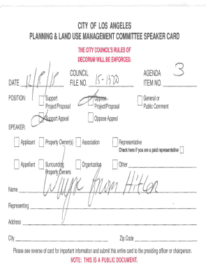 City of Los Angeles Planning Committee Speaker Card