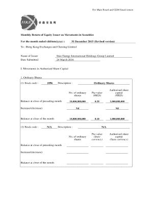 Monthly Return of Equity Issuer on Movements in Securities