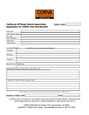 California Off-Road Vehicle Association Club Membership Application