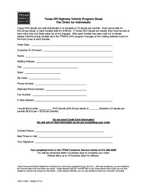Texas OHV Decal Order Form