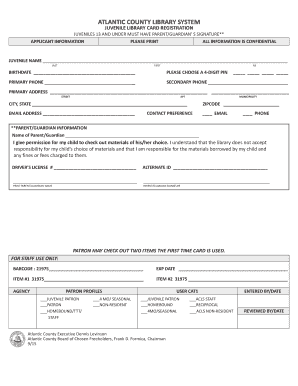 Juvenile Library Card Registration Form