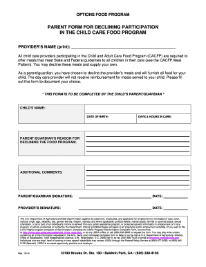 Child Care Food Program Participation Decline Form