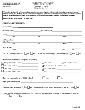 Transitional Living Employee Application Form
