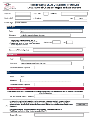 Declaration of Change of Majors and Minors Form