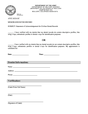 Statement of Acknowledgement for Civilian Dental Records