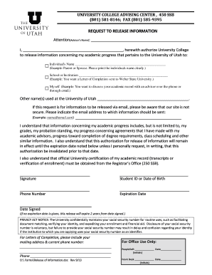 University of Utah Student Information Release Form