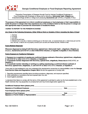 Georgia Food Employee Health Reporting Agreement