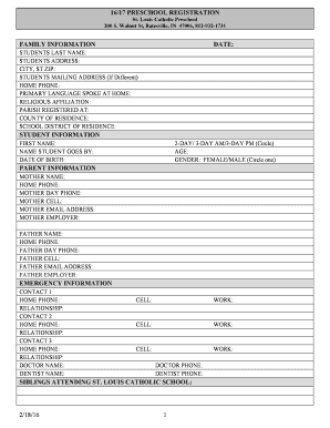1617 PRESCHOOL REGISTRATION St Louis Catholic Preschool