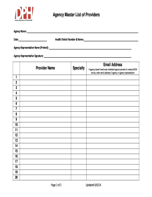 Agency Master List of Providers
