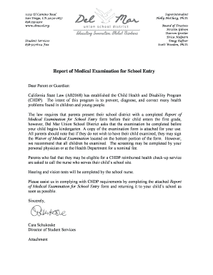 California School Entry Health Checkup Form