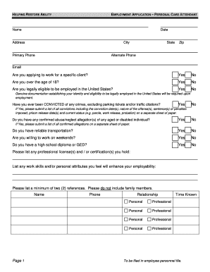 Helping Restore Ability Personal Care Attendant Application