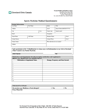 Sports Medicine Medical Questionnaire