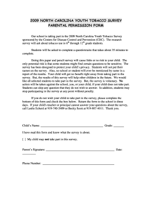 North Carolina Youth Tobacco Survey Parental Permission Form