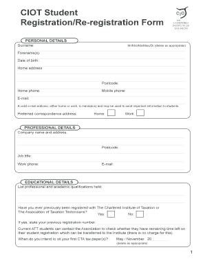 Chartered Institute of Taxation Student Registration Form