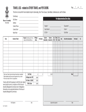 Travel Log Form for Expenses and Per Diems