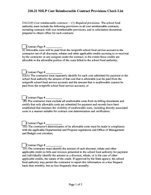 NSLP Cost Reimbursable Contract Provisions Checklist