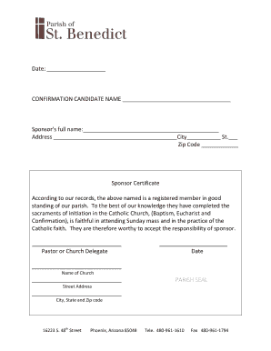 Catholic Sponsor Confirmation Certificate