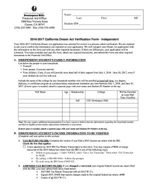 2016-2017 California Dream Act Verification Form - Independent