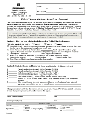 2016-2017 Income Adjustment Appeal Form - Dependent