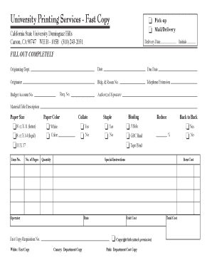 University Printing Services Requisition Form
