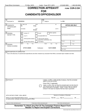 Texas Ethics Commission Correction Affidavit Form