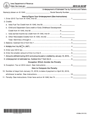 Iowa Underpayment of Estimated Tax by Farmers and Fishers Form 2210F