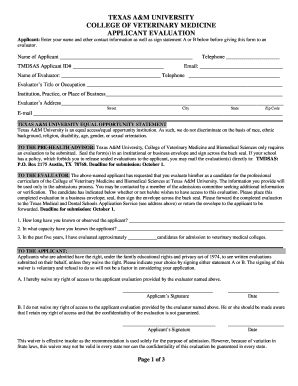 Texas A&M Veterinary Medicine Applicant Evaluation Form
