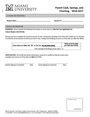 Parent Cash Savings Checking Verification Form