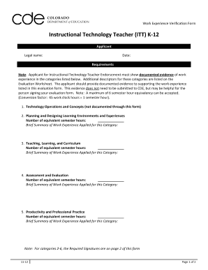 Work Experience Verification Form for Instructional Technology Teacher