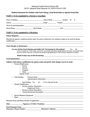 Medical Statement for Student with Food Allergy