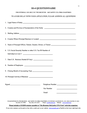 SS-4 Questionnaire for Business Tax ID Application