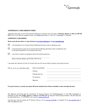 Admission Card Order Form