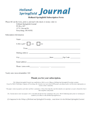 Holland-Springfield Journal Subscription Form