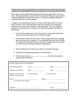 Louisiana Tap Water Sample Collection Form