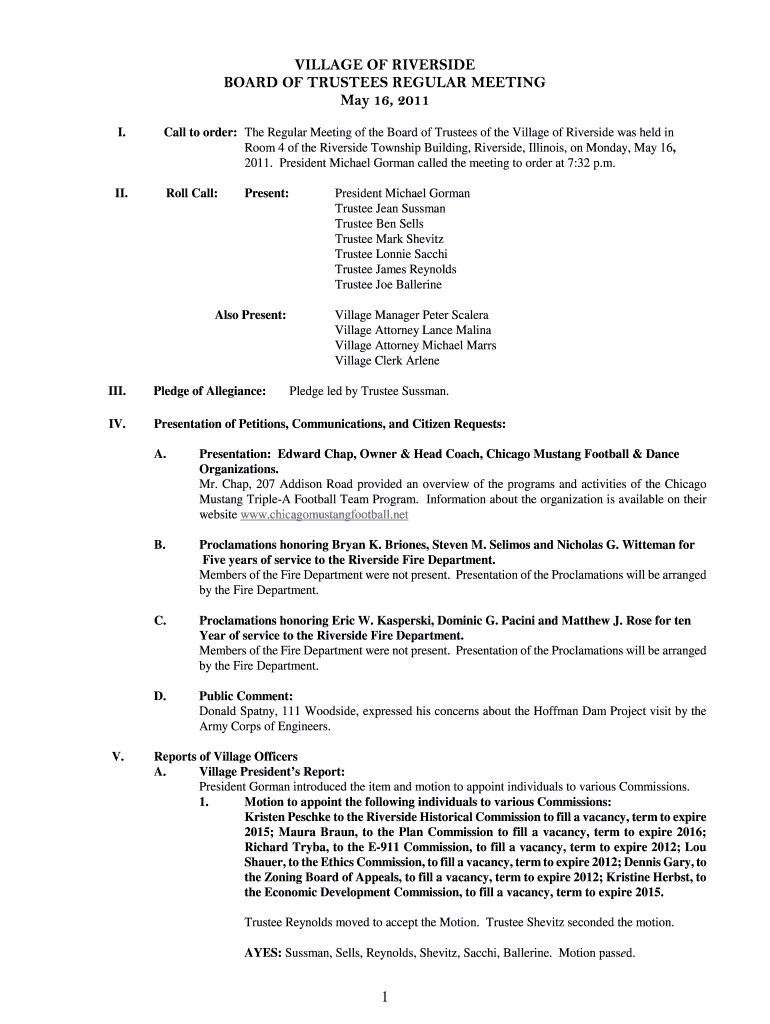 Roll Call: Present: Also Present: President Michael Gorman Trustee Jean Sussman Trustee Ben Sells Tr Preview on Page 1