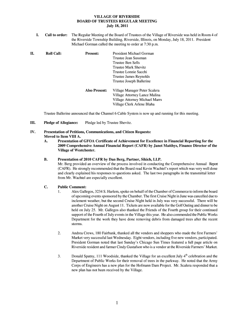 Roll Call: Present: President Michael Gorman Trustee Jean Sussman Trustee Ben Sells Trustee Mark She Preview on Page 1
