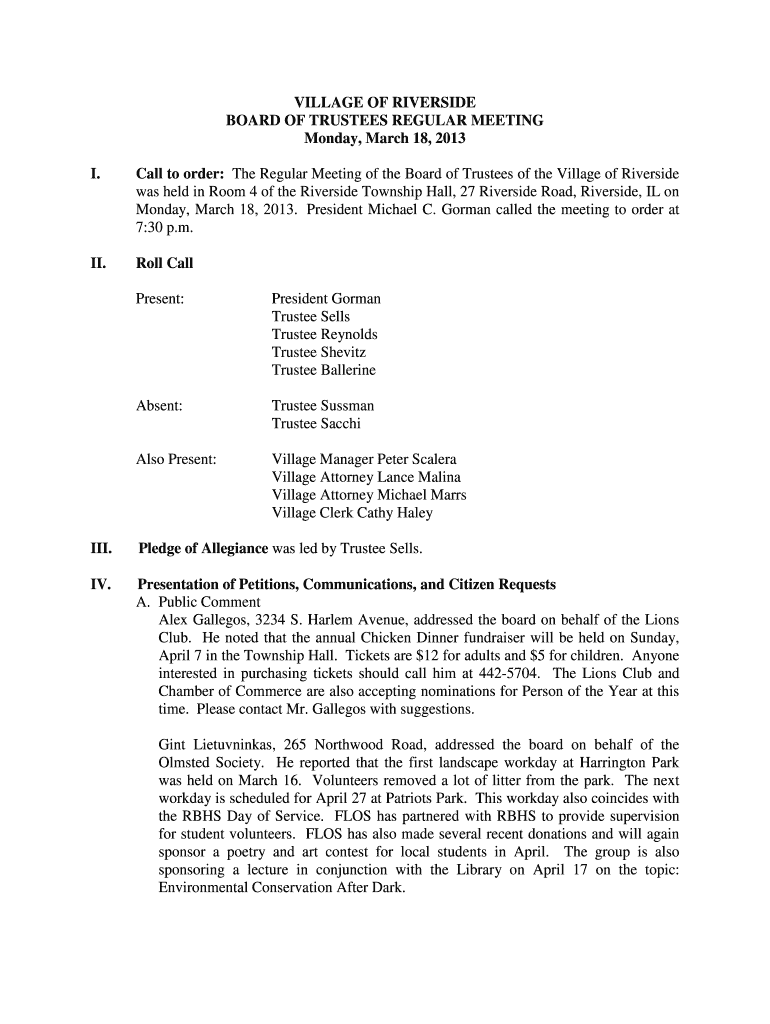 Roll Call Present: President Gorman Trustee Sells Trustee Reynolds Trustee Shevitz Trustee Ballerine Preview on Page 1