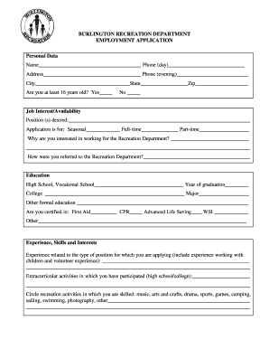 Fillable Online burlington Summer Job Application - burlington Fax ...