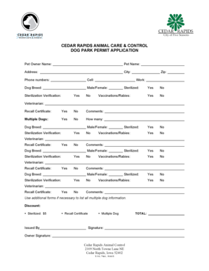 Cedar Rapids Dog Park Permit Application